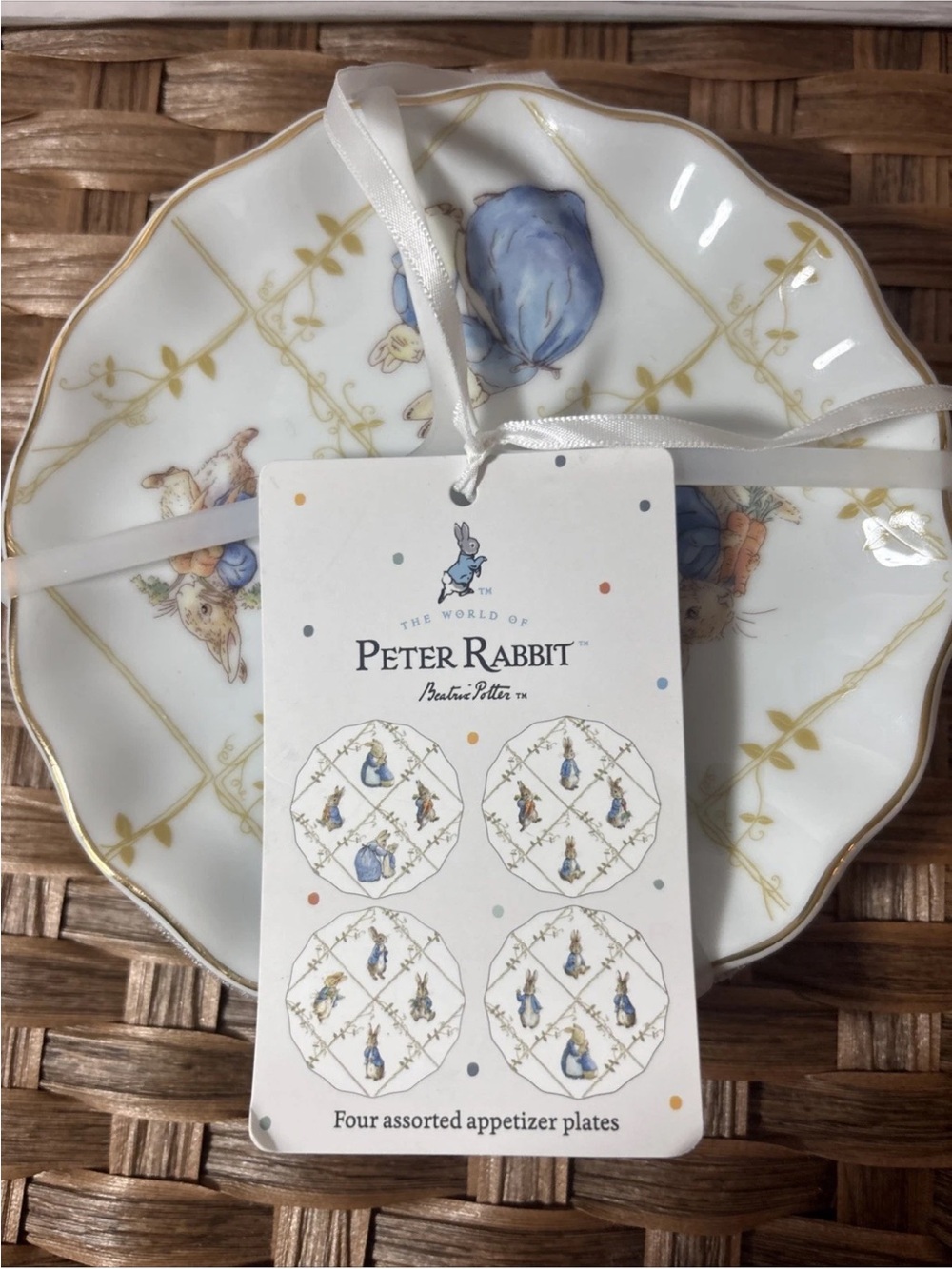 BEATRIX POTTER Peter Rabbit Blue Gold & White Appetizer Plate Set of 4 NEW